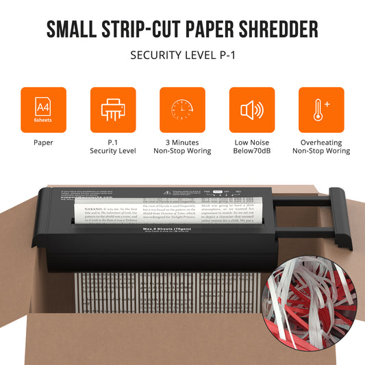 Woolsche 6-Sheet Strip Cut Paper Shredder, P-1 Security Level | Portable Extendable Arm Design, Overheat Protection, No Built-in Basket for Home & Small Office Use
