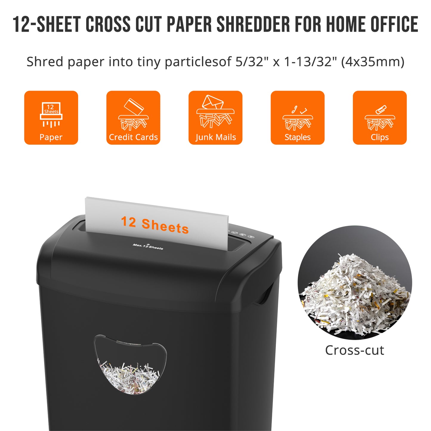 Woolsche 12-Sheet Cross-Cut Shredder (P-4 Security),Destroy Credit Cards/Staples,5.5 Gal Bin,70dB Quiet，Auto/Reverse Modes for Office & Home(ETL Certified)