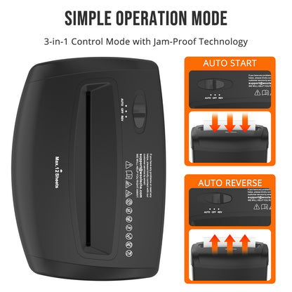 Woolsche 12-Sheet Cross-Cut Shredder (P-4 Security),Destroy Credit Cards/Staples,5.5 Gal Bin,70dB Quiet，Auto/Reverse Modes for Office & Home(ETL Certified)